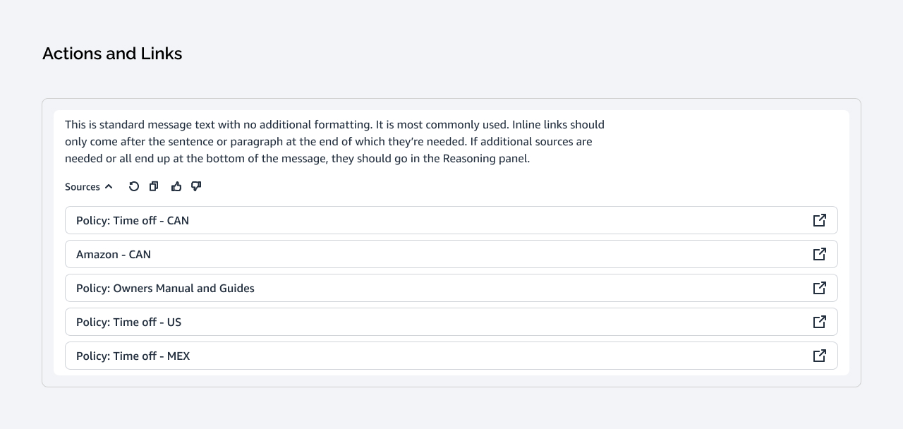 Actions and Links component: a message with a Sources expander listing linked policy sources, plus retry, copy, and feedback actions